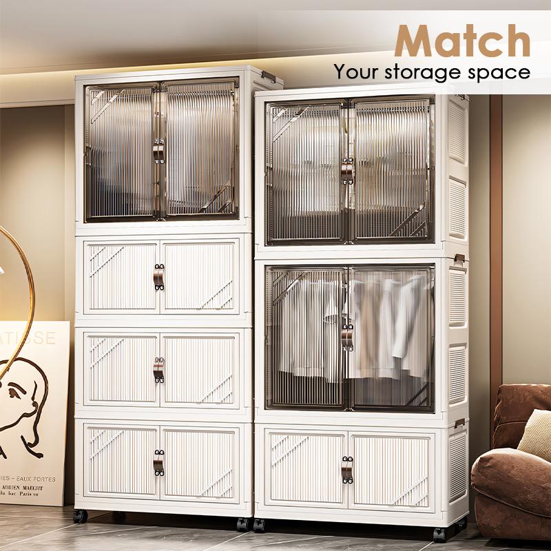 Portable Closet Wardrobe, Folding Storage Bins with Lid, Closet Organizers and Storage, Stackable Storage Box with Hanging Rod and Doors, Collapsible Plastic Clothes Cabinet with Wheels