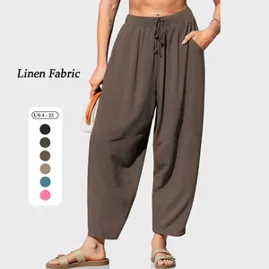 TARSE Women's Linen Harem PantsCasual Loose Fit Wide Leg Cropped Lightweight Drawstring Elastic Waist Pants with Pockets  Basic