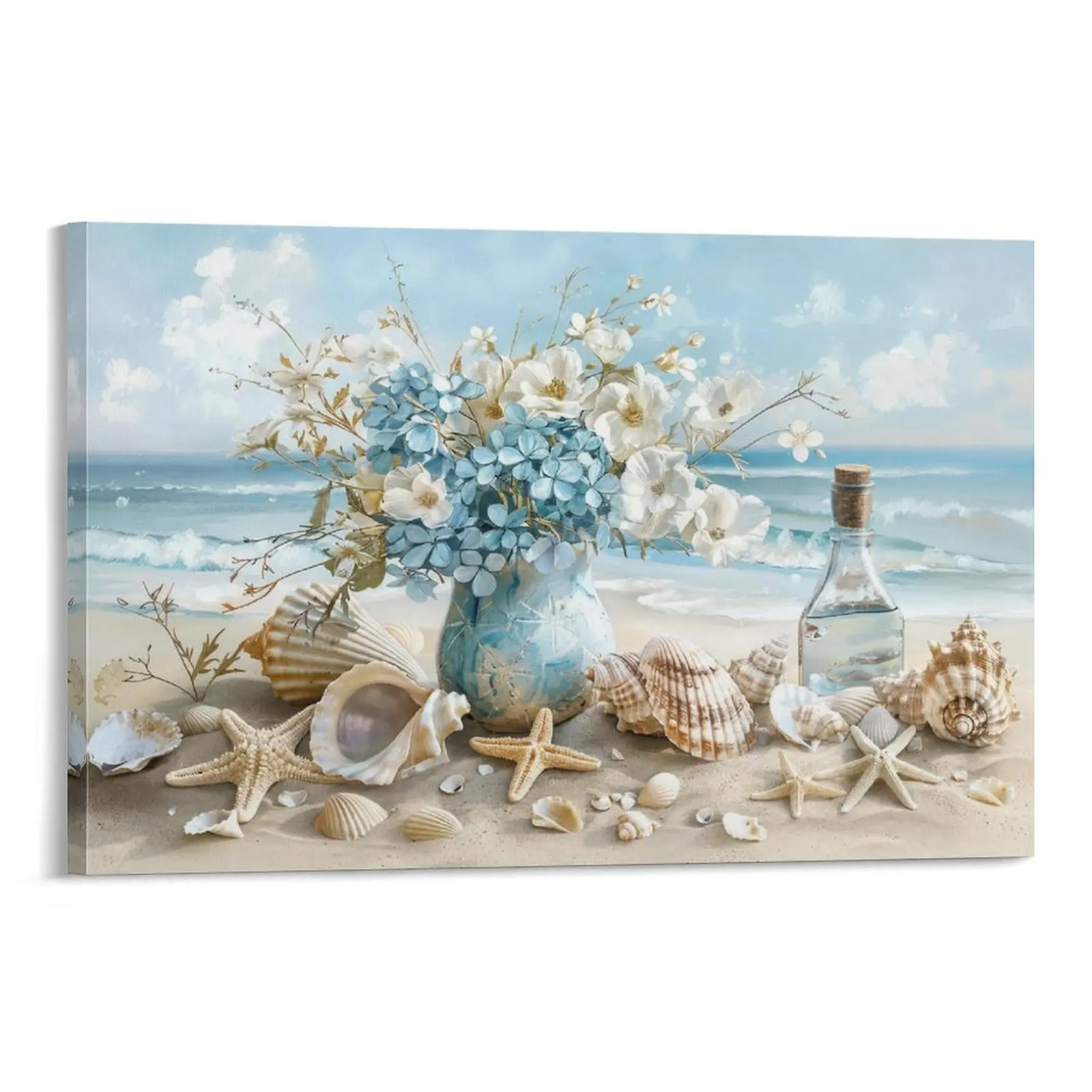 Coastal Beach Canvas Wall Art - Ocean Seashell, Starfish & Blue Hydrangea Poster, Seascapes Print for Bathroom, Living Room