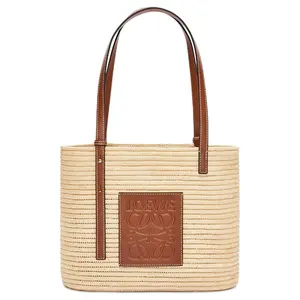 LOEWE Basket Handbag for Women – Woven Raffia and Leather Square Tote in Natural and Walnut