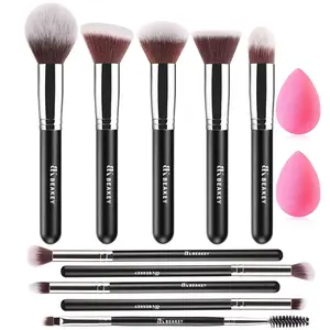 BEAKEY TAP PAW Makeup Brushes, Glam Blend, Eyeshadow Brush Set, Effective Application Make up Brushes - 12Pcs Makeup Brush Set, Foundation Brush with 2Pcs Blender Sponge (Black/Silver)
