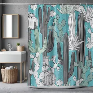 Cactus Pattern Shower Curtain, 1 Count Modern Casual Plant Pattern Shower Curtain with 12pcs Hooks, Bathroom Decor Supplies for Home Hotel Salon, Bathroom Decoration Accessories