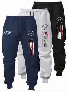 Men's Flag Print Sports Pants Set, Comfortable & Flexible, Elastic Waistband, Practical Pockets, Breathable Casual Wear, Athleisure Style Bottoms