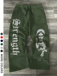 Men's Casual Loose-Fit Drawstring Pants, All-Season Wide-Leg Sweatpants with Graphic Nun Print, Comfortable Long Trousers for Everyday Wear
