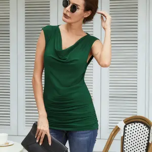 Womens Ruched Cowl Neck Tank Tops Sleeveless Stretch Blouse with Side Shirring Sexy Basic Olive Green Slim Fit Casual Elegant Garment