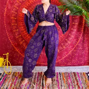 Celestial Two Piece Pant Set, Boho  Trouser with Bell Sleeve, Sun and Moon print, Matching Set, Bohemian Summer Style, Yoga Cotton Pants, 90s Style, Plus Size Pants, Festival Outfit