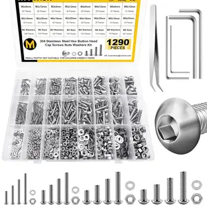 1290 count M2 M3 M4 M5 Screw Nuts and  Assortment Kit, Metric Screws 304 Stainless Steel Button  Socket Cap Metric Screw Assortment with Flat Washers/Nuts/Hex Wrenches 16 Sizes