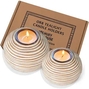 Tuva Orb Candle Holders (Gift Boxed Set of 2), Table Centerpieces for Dining or Living Room, Spa, Bathroom, Kitchen Counter, Mantle or Coffee Table Decor (Light Brown and White)