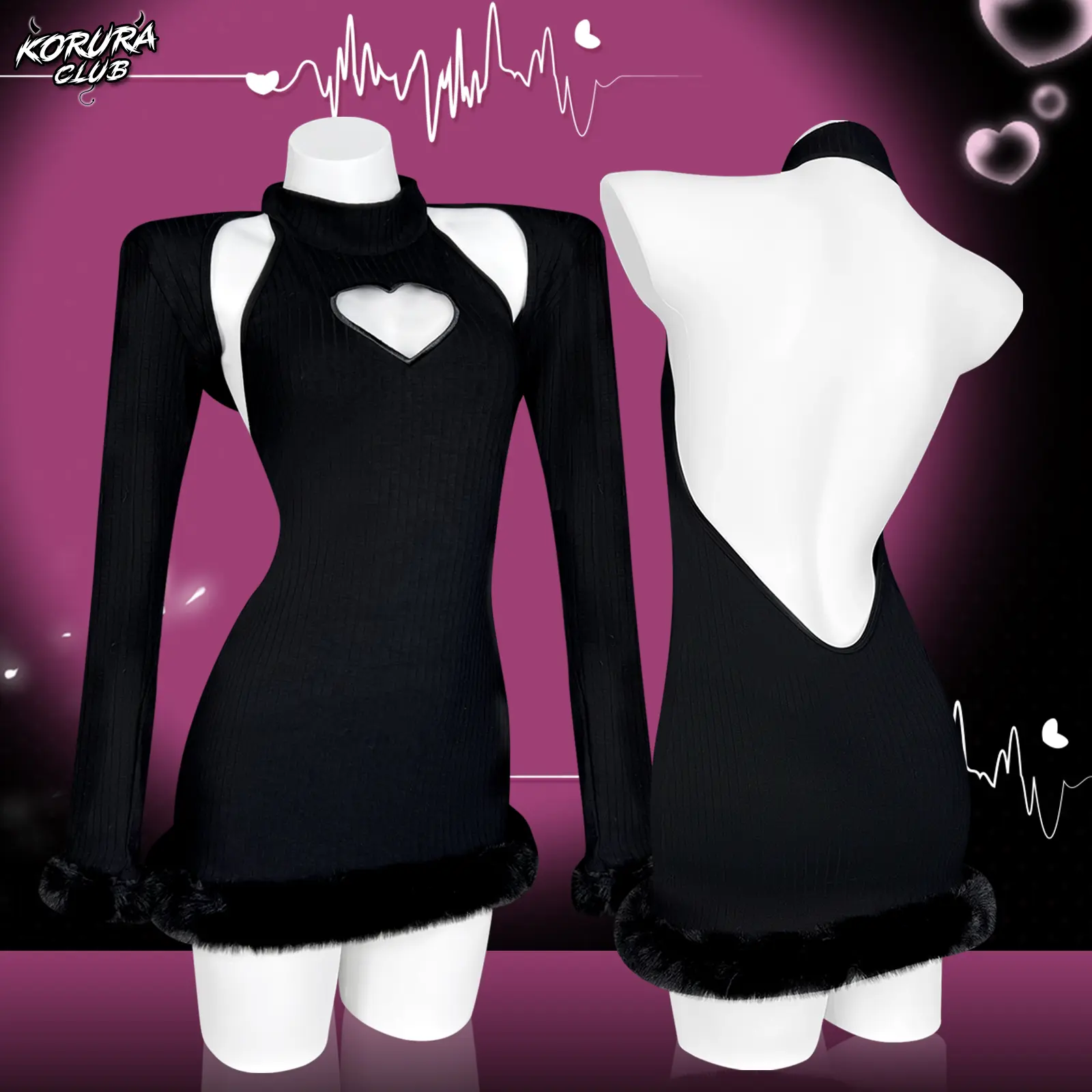 KORURACLUB Women's Gothic Heart Cutout Sweater Dress, Long Sleeve High Neck Bodycon Knit Clothes for Halloween Costumes and Clubwear, Cosplay, Dark Feminine Aesthetic, Elegance, Hand Wash, Knitting, Do Not Bleach, Polyester, Fur, Stretchy, Outfits, Soft,