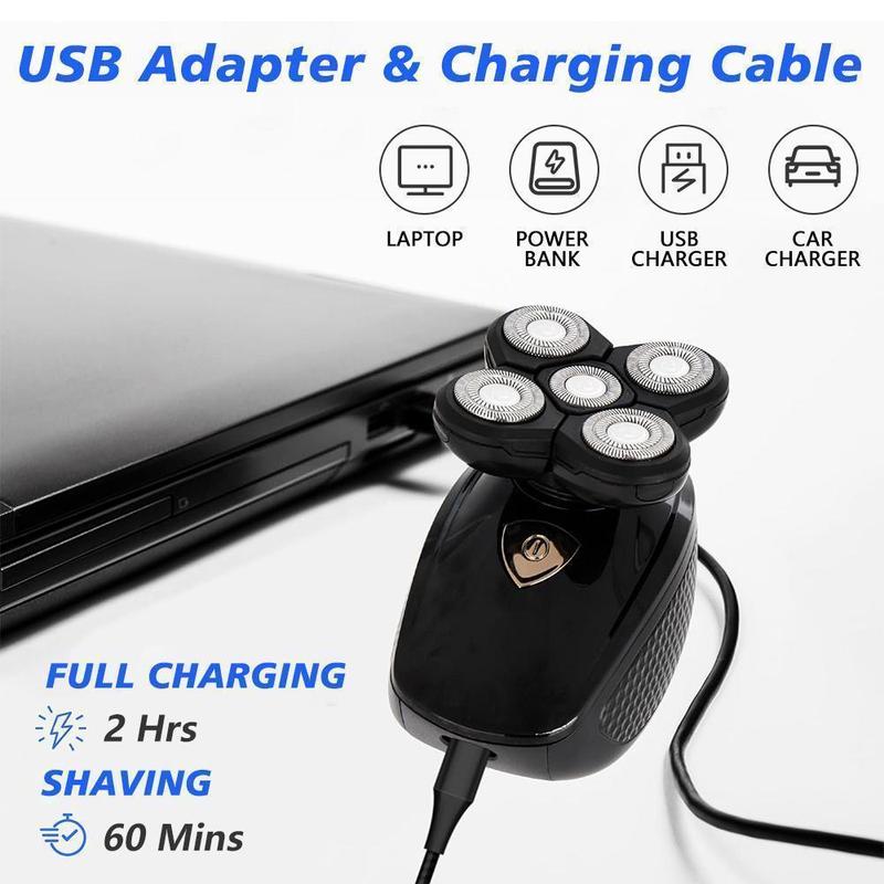 Rechargeable Bald Head Hair Beard Trimmer Razor Wet Dry, 5 in1 Head Shavers for Bald Men, Detachable Cordless Shaver, 5D Electric Razor Waterproof for Bald Men, Wet/Dry LED Display Rechargeable Rotary Shaver Grooming Kit,