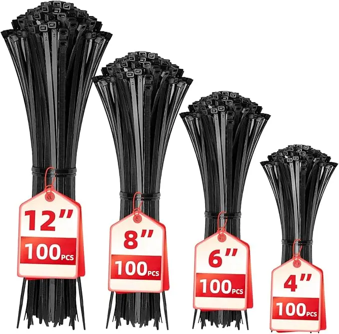 Cable Zip Ties, Pack of 400,Black Assorted Sizes 12+8+6+4 Inch,Multi-Purpose Self-Locking Nylon Cable Cord Management,Plastic Wire Ties for Home,Office,Garden,Workshop.