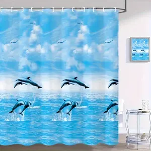 1pc Creative Blue Ocean Whale Jumping Pattern Printed Shower Curtain PEVA Bathroom Decorative Curtain for Windows Size 70.92"W x 70.92"L