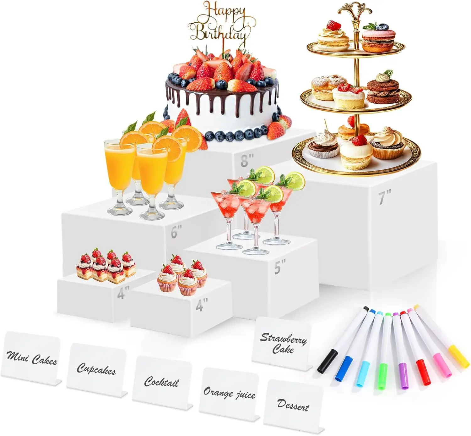6 Pcs White Acrylic Buffet Risers with Mini Sign and Maker,Food Display Stands for Buffet Table Party Catering Dessert Jewelry Collectibles,Nesting Cube Boxes with Hollow Bottoms,Tools & Hardware ﻿