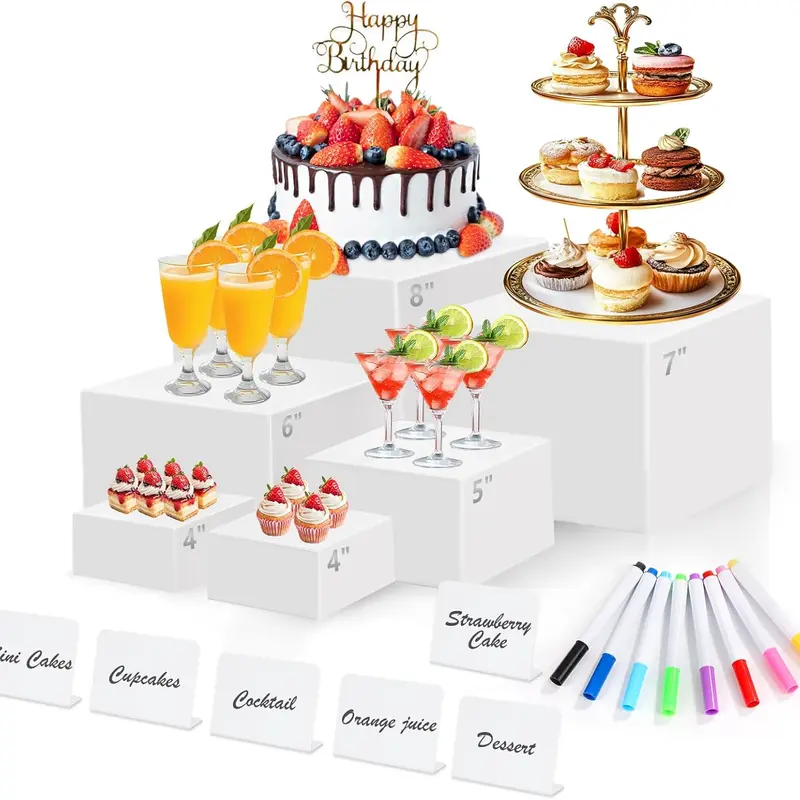 6 Pcs White Acrylic Buffet Risers with Mini Sign and Maker,Food Display Stands for Buffet Table Party Catering Dessert Jewelry Collectibles,Nesting Cube Boxes with Hollow Bottoms,Tools & Hardware ﻿