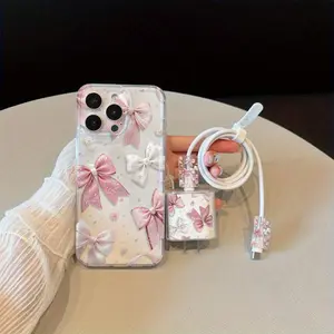 5-Piece Cute Transparent Bow Phone Case Set Accessories for iPhone 6 to 16 (including Pro Max), with TPU Drop Protection, Includes Charger Head Cover, Cable Protector and Storage Strap