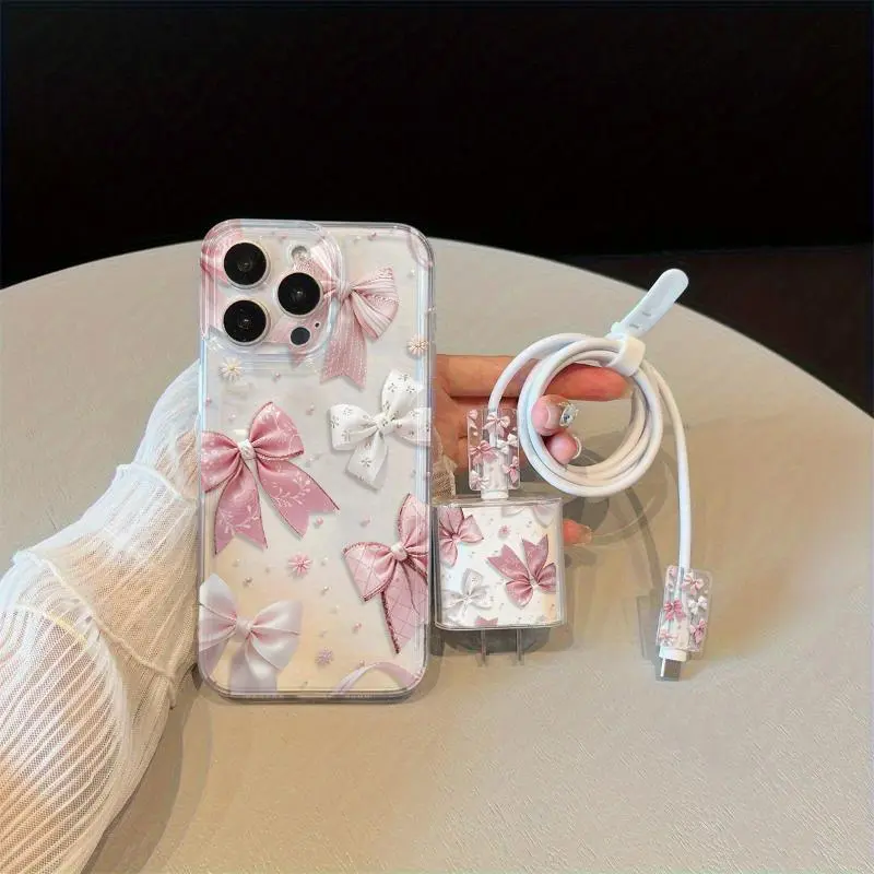 5-Piece Transparent Bow Phone Case Set for iPhone 6 to 16 (including Pro Max), with TPU Drop Protection, Lightweight Stylish Protective Cover, Protective Shell, Includes Charger Head Cover, Cable Protector and Storage Strap, Shockproof Phone Accessory