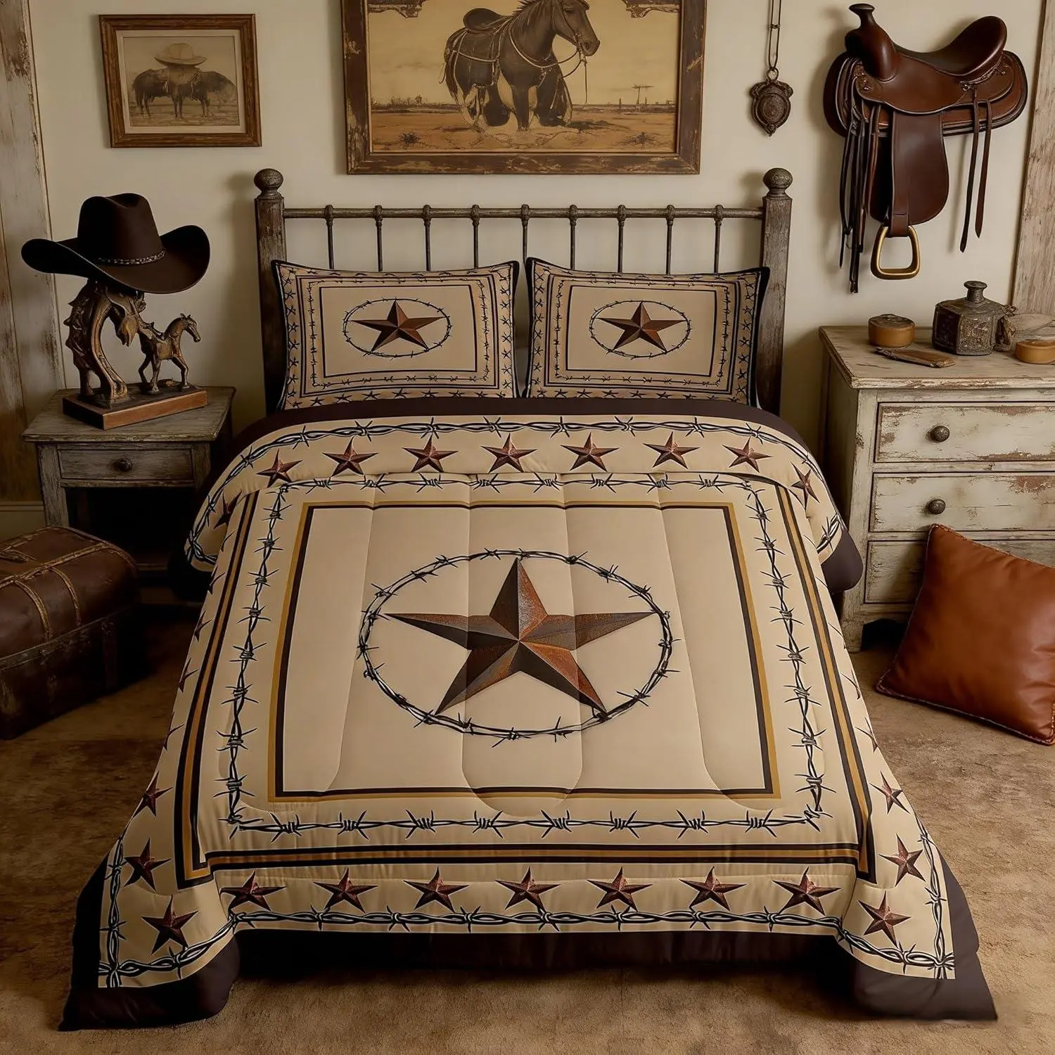 Western Texas Star Kids Comforter Set,Cowboy Rustic Farmhouse Bedding Set,Boys Girls Adults Bedroom Decor,Geometric Plaids Patchwork Down Comforter,Brown Retro Duvet Insert