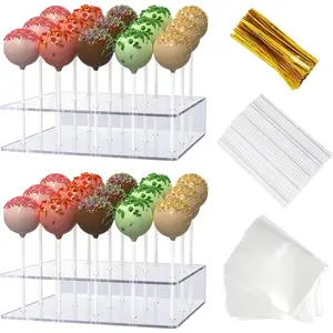 2 Pack Cake Pop Stand with Sticks Kit, Acrylic Lollipop Hold Stand, Clear Cake Pop Display Holder, 15 Holes Candy Pop Holder with 100 Pcs Sticks, 100 Pcs Clear Wrappers, 100 Pcs Gold Twist Ties