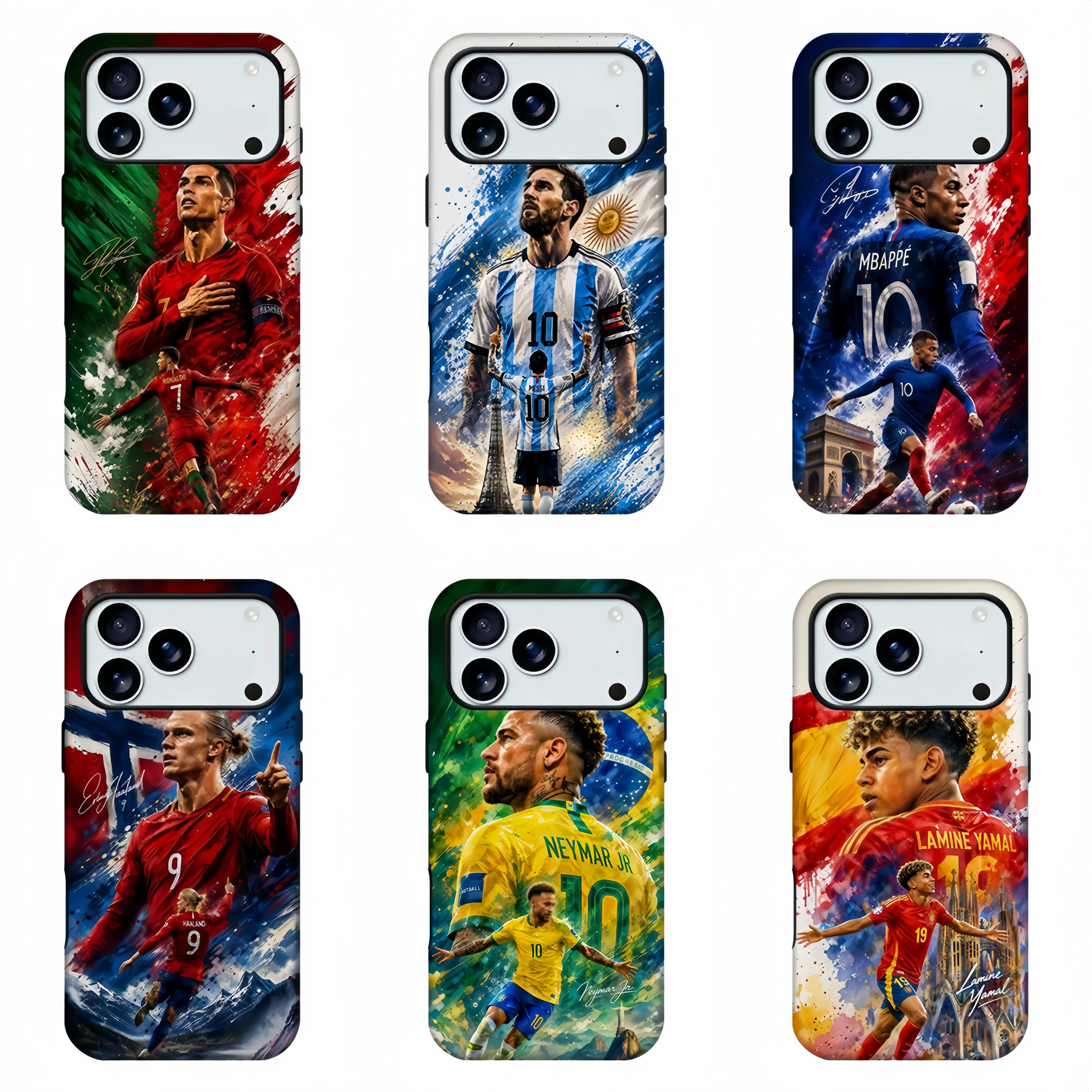 Watercolor Splash Realistic Football Superstar Phone Case,Soccer Fan Merch Phone Shell,CR7 Mbappe Lamine Yamal Messi Haaland Neymar National Flag Landmark Trophy Print Shockproof Protective Cover For iPhone11 12 13 14 15 16 17 pro max and Samsung
