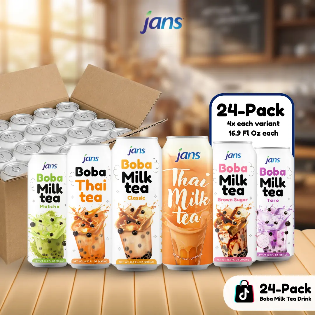 Jans Ready-to-Drink Bubble Tea Variety with Lighter Boba Substitute 16.9 Fl Oz in Brown Sugar, Milk Tea, Matcha, Taro & Thai Tea Flavors