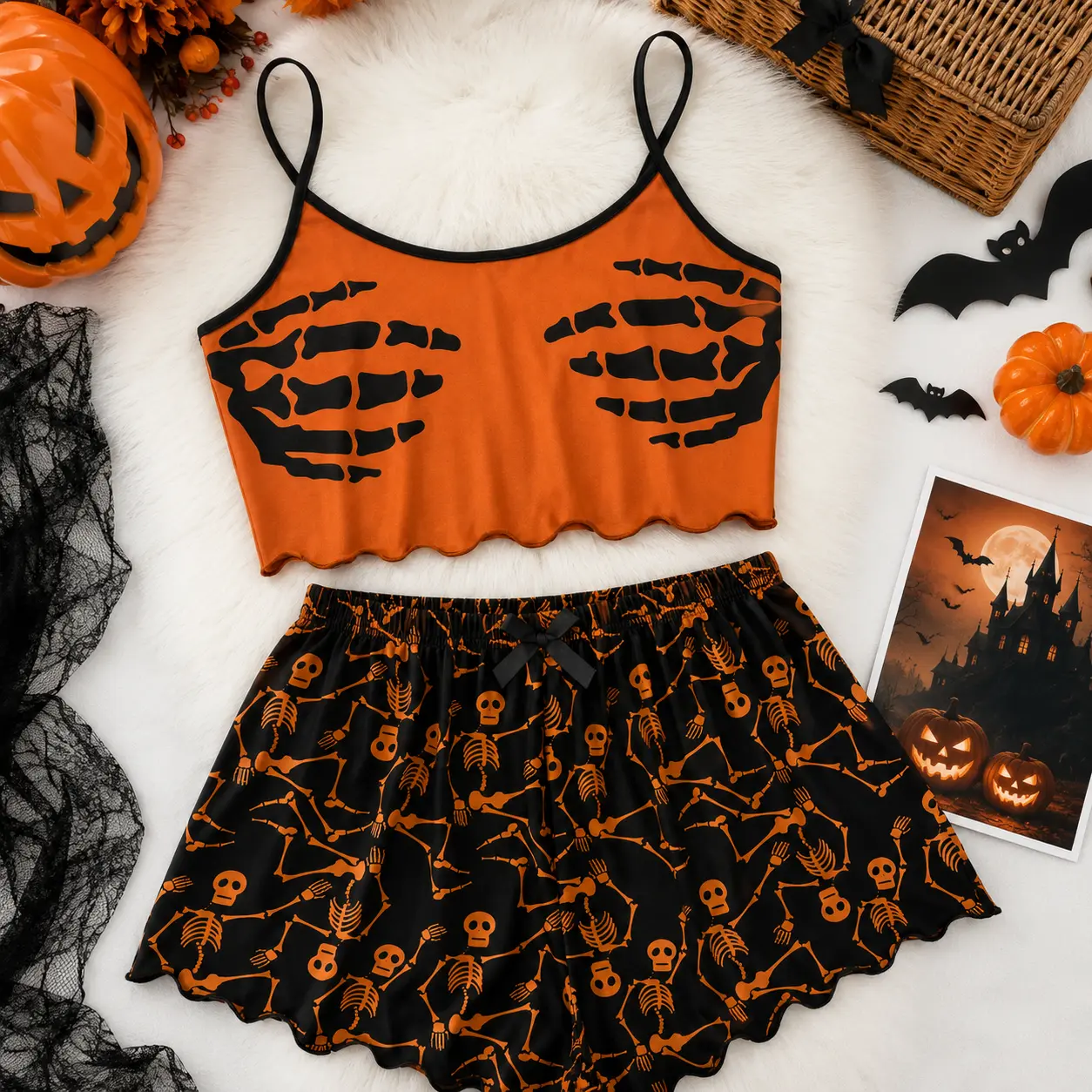 NYAKWEBA Women Skeleton Hand Print Cropped Camisole & Full Skeleton Shorts Sleepwear Set Halloween Pajama Set
