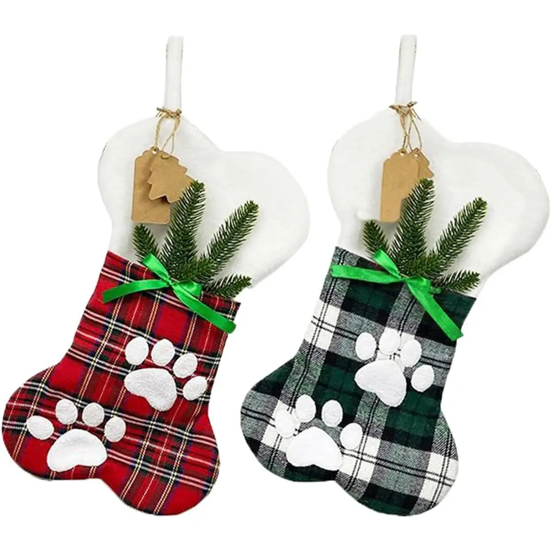 Cat Bone Christmas Stockings, Plush & Plaid Hanging Socks for Holiday and Christmas Decorations