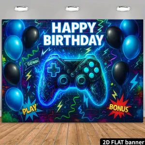 2d flat, trendy game-themed BIRTHDAY party background cloth with illuminated game controller and blue and black balloons, featuring the words "HAPPY BIRTHDAY" and trendy graffiti, made of polyester