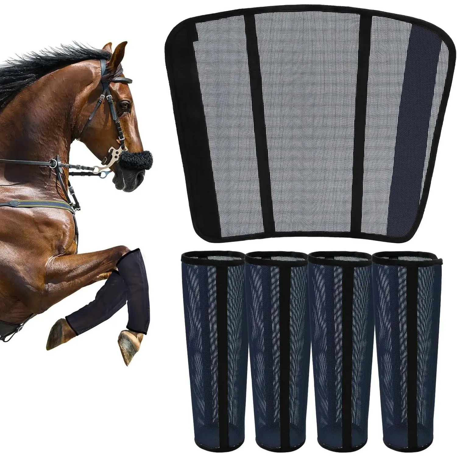 Equestrian Fly Boots for Horses (Set of 4, Dark Blue) - Adjustable Curved Edge Design, Dual Stay System, Breathable Mesh Fabric, Extended Adjustable Fit, Anti-Sag Support, Reduces Stomping & Fatigue for Medium to Large Horses, Minimizes Leg Resistance, Pa