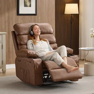 Brown PU Leather Extra Wide Manual Recliner for Adults with Massage and Heat, Large Lazy Chair with 1.5X Sponge Comfort Arm and Back for Living Room, Bedroom