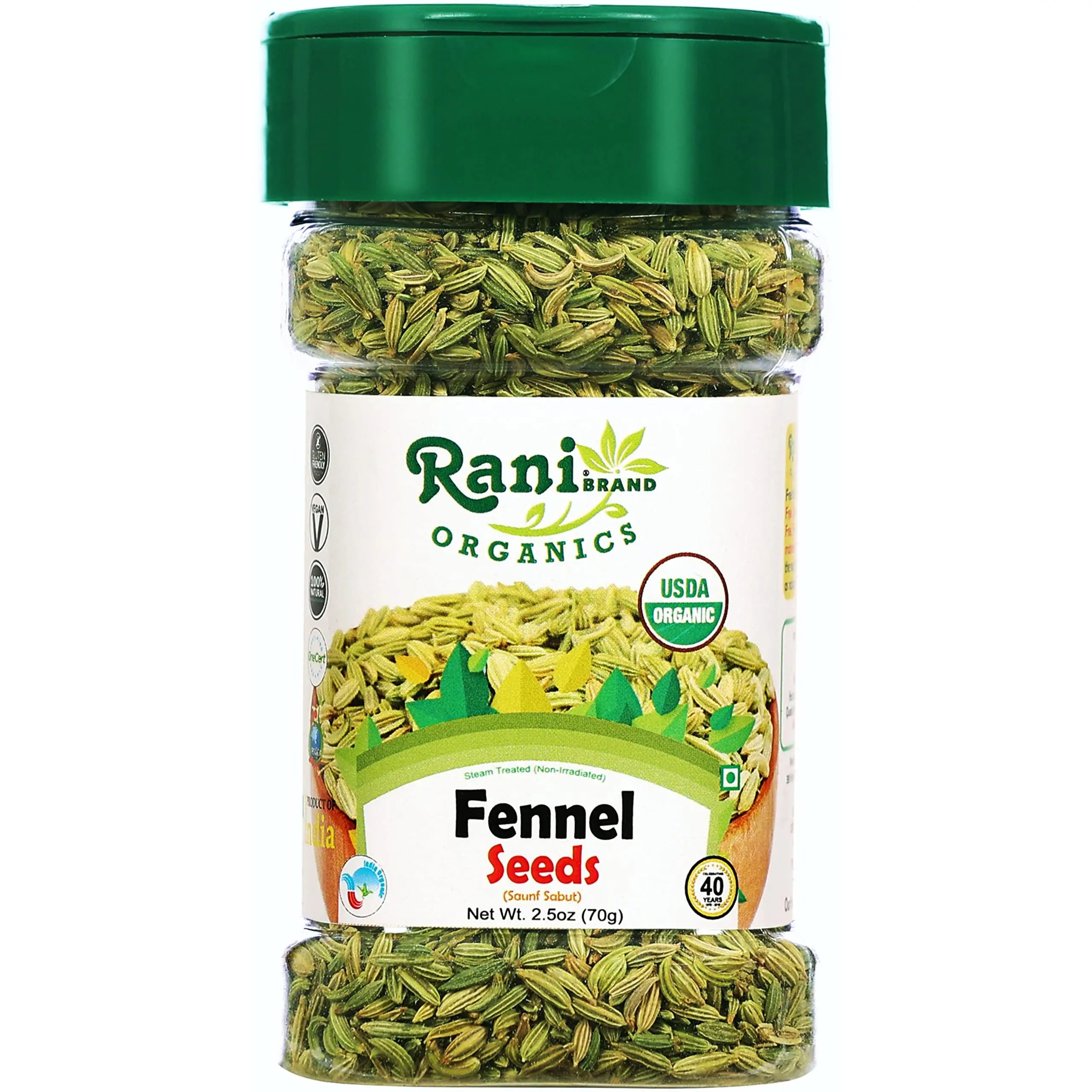 Rani Organic Fennel Seeds (Saunf Sabut) Whole Spice 2.5oz (70g) PET Jar ~ All Natural | Gluten Friendly | Indian Origin | USDA Certified Organic