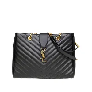 Pre-owned Yves Saint Laurent leather Tote Bags 【DIZ】Black Gold Hardware V pattern Envelope P226157273