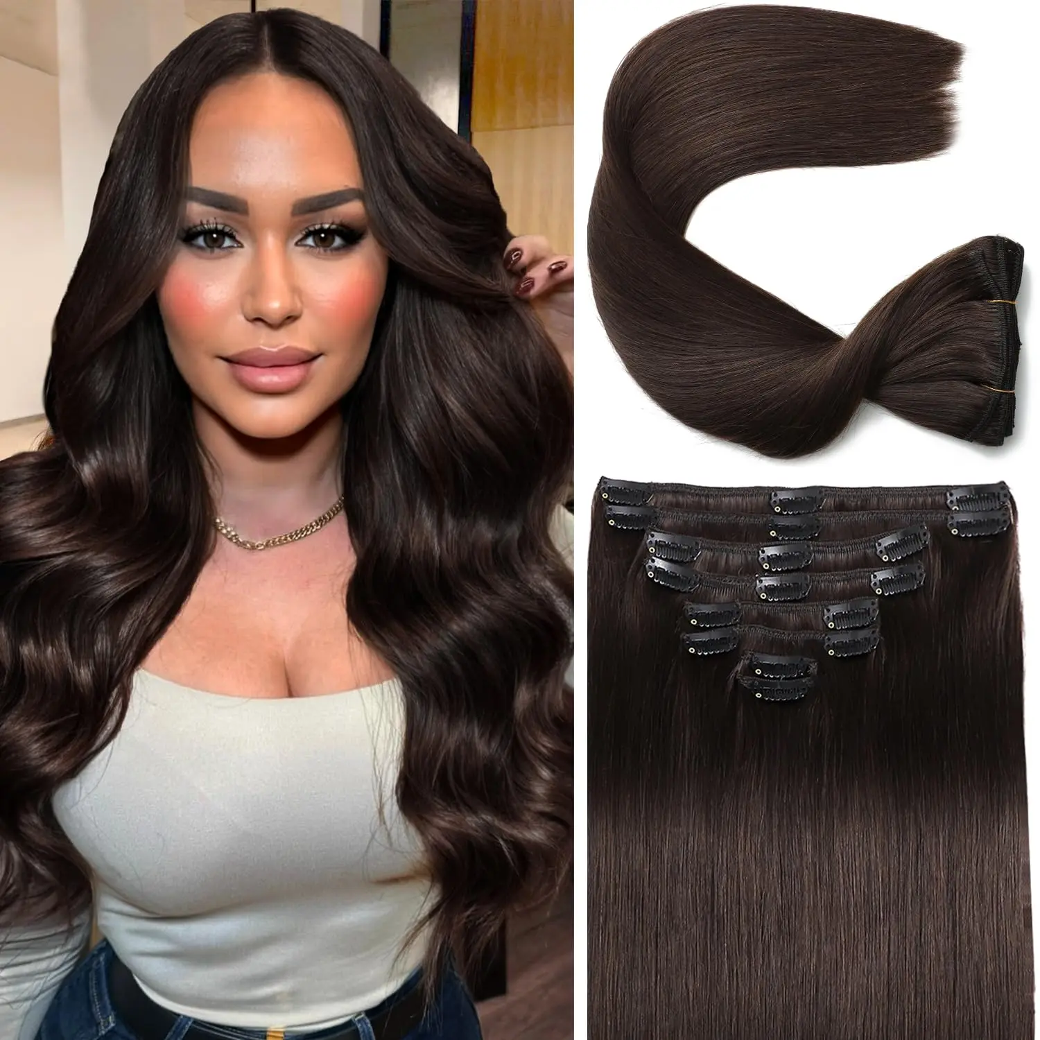 Clip in Hair Extensions Real Human Hair, 20inch 110g/3.8oz  display picture 2