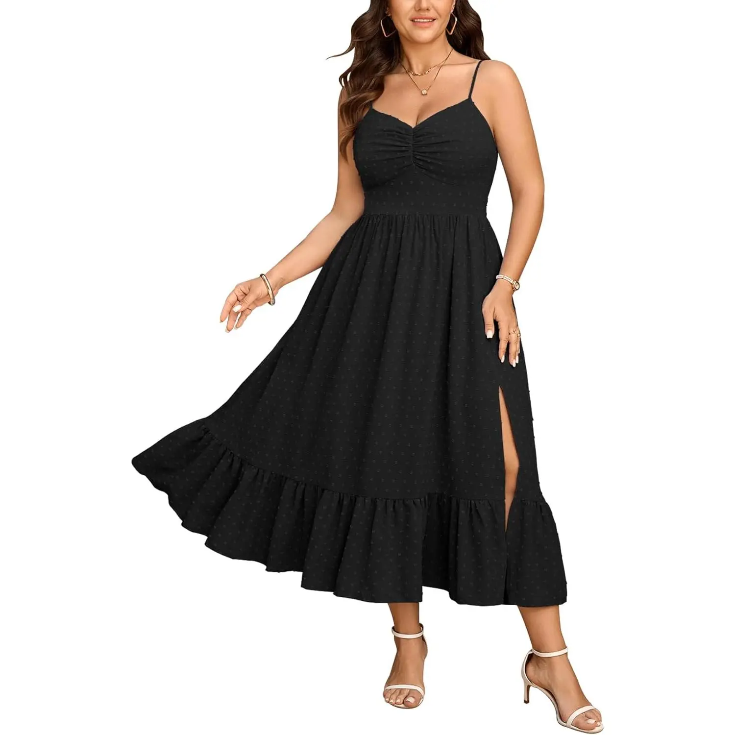 SCOMCHIC Women's Plus Size Summer Dresses Spaghetti Strap Sundress Sweetheart Neckline Swiss Dot Boho Slit Maxi Dress