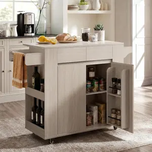 ModernMate 51'' Mobile Kitchen Island with Drop Leaf, Rolling Kitchen Cart with Drawrs & Storage Cabinet on Wheels, Portable Island Table with Spice Rack & Towel Rack for Dining Room, White Oak Gray