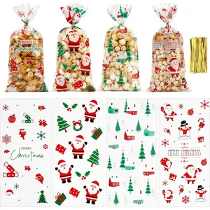 100 PCS Christmas Cellophane Treat Bags(5x11 Inch) with Ties Plastic Santa Goodie Candy Cookie Loot Gifts Bags Bulk Pouches for Christmas Party Favors Supplies Decorations Holiday Xmas Decor