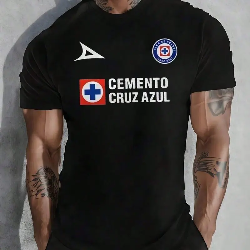 Symbol Of The Renowned Cruz Azul Football Club Accompanied By The Cruz Azul Cement Symbol That Represents Strength, Unity And Sporting Tradition. Men's T-Shirt, % Cotton - Vintage Streetwear, Summer Oversized Casual Graphic Tee