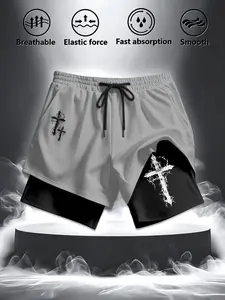 Men's Dark Thorn Cross Fake Two-Piece Shorts, American High Street Sporty Style, Breathable Sweat-Wicking Five-Quarter Pants, Ideal for Daily Fitness Running Training, Drawstring Athletic Shorts