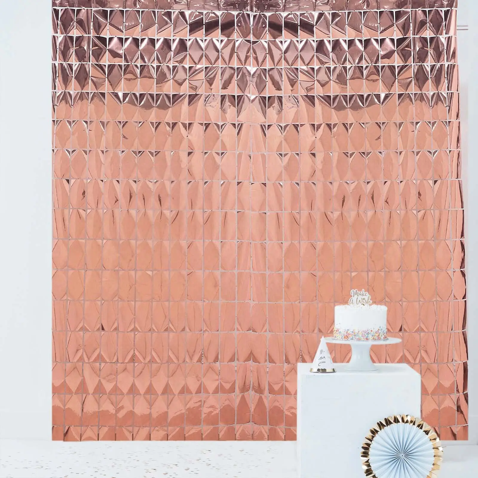 Shiny Rose Gold Metallic Foil Rectangle Curtain Shimmer Wall Festive Backdrops & Banners, Stick-On Fixing Party-Home Decor, 3ftx6.5ft Photo Backdrop for Wedding, Birthday, Christmas (Baby Shower Use)