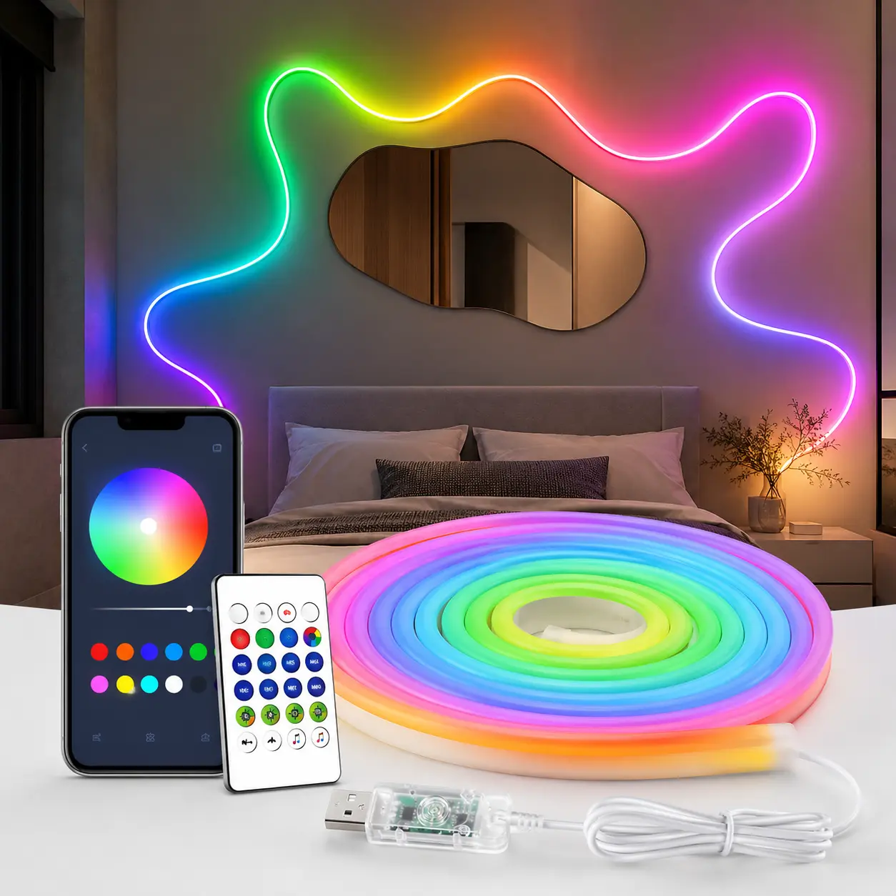 USB-Powered RGB Color-Changing LED Strip Light with App Control, Ambient Backlightfor TV, Computer, Bedroom & Living Room, Decorative Neon Accent Light, Smart LEDLighting, Multi Mode LED, Great Christmas Gift, LED Neon Lights