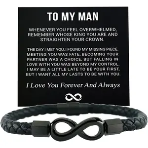To My Man Infinity Leather Bracelet, Love You Forever and Always Stainless Steel Bracelets Husband Bracelet from Wife Valentine Birthday Christmas Fathers Gifts for Him