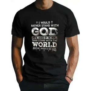 Men's Christian T-Shirt with Geometric "Stand with God" Graphic - Casual Short-Sleeve Crew Neck in Heavyweight 100% Cotton, Tshirt, Shortsleeve