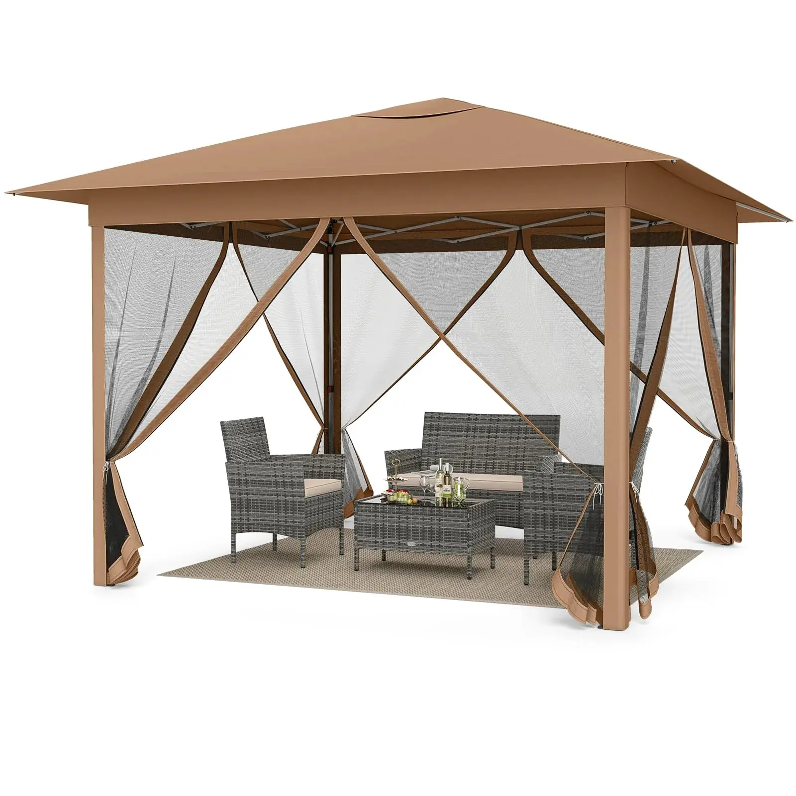 Vallmore 11.5x11.5 FT Pop-Up Screen Gazebo | One-Person Center Lock Setup, 4 Zippered Mesh Walls, 2-Tier Vented Roof, UPF50+ 210D Oxford Frame Tent for Lawn, Poolside & Gatherings