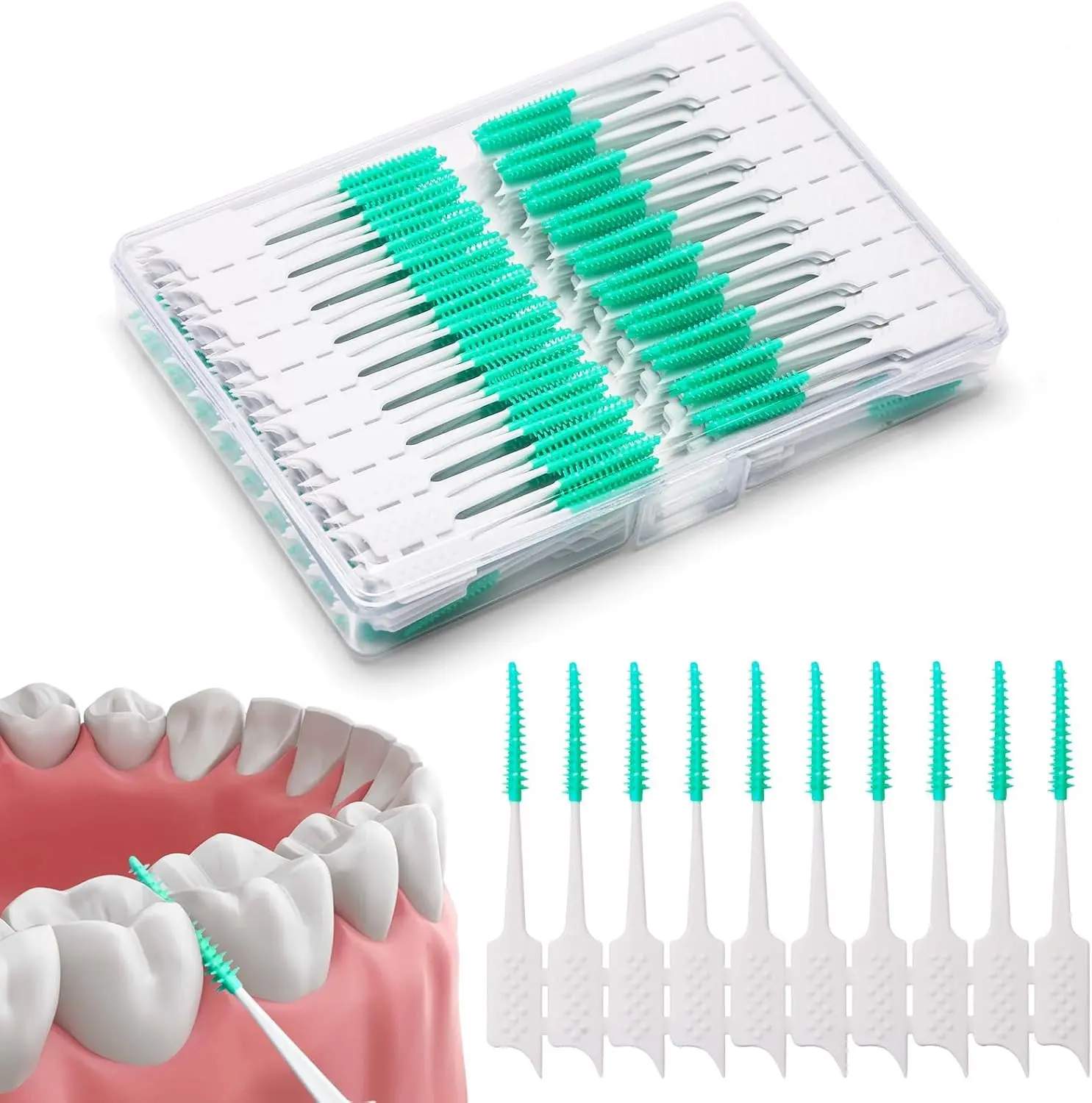 300 Pieces Interdental Brushes,Braces Brush with Silicone Head,Dental Tooth Flossing Toothpick Cleaners Tooth Tool, Green