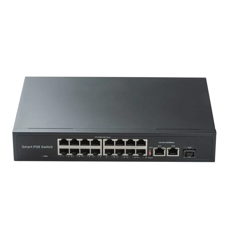 16-Port PoE Network Switch with 12*15cm Size, 100Mbps/Gigabit Speeds, Fiber Optic Port, and Network-Compatible Camera Splitting Functionality, 16 Port Poe Power Supply