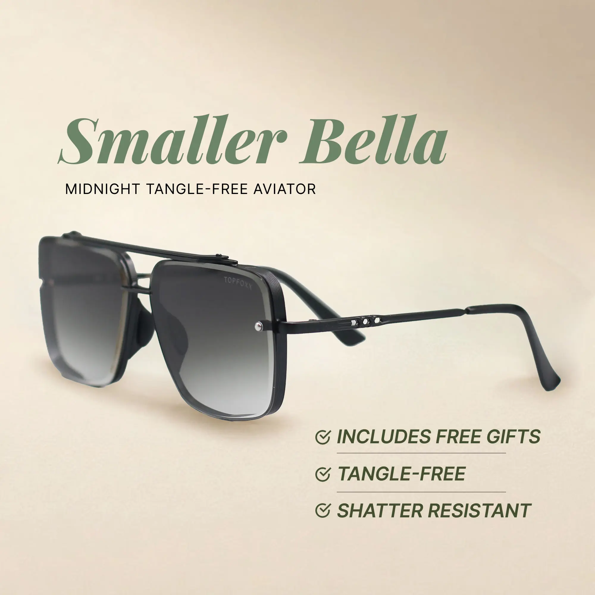 Smaller Bella Midnight - Tangle Free Aviator Sunglasses - Certified Shatter-Resistant Lenses - UV400 - For Women & Men