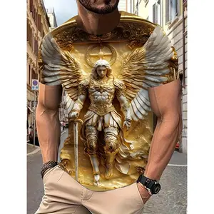 Men's 3D Graphic Casual T-Shirt with Angel Warrior & Armor Design - Golden Accent Portrait Print, Regular Fit Round Neck, Machine Washable, Everyday Clothing |   Artistic Apparel |   Detailed Print
