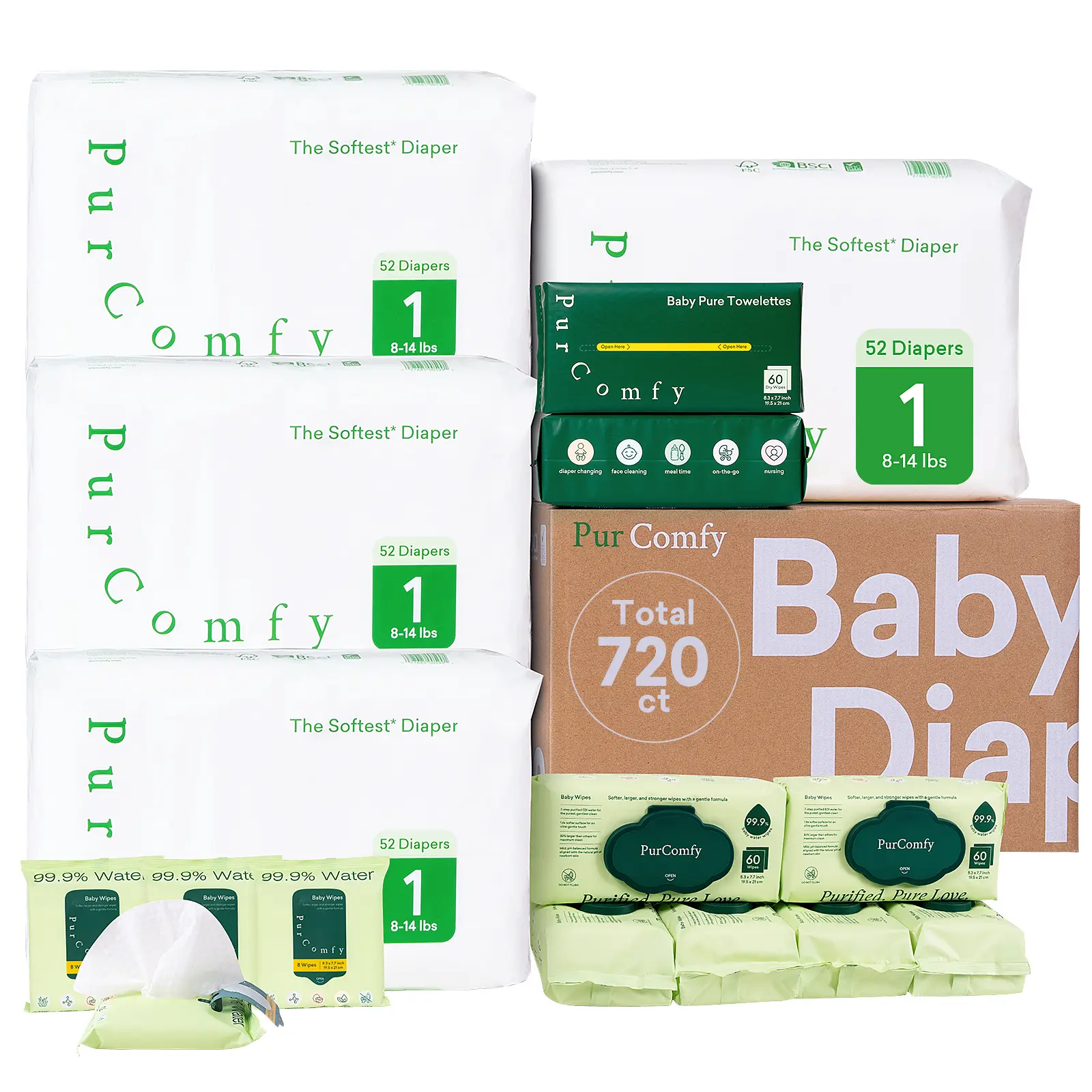 PurComfy Baby Diapper New Essential Kit - 4 Packs Diaper +6 Packs (360Ct )Water Wipes +  Pack (120Ct) Dry Wipes, All-in-One Newborn Essentials Kit and Baby Gift for Sensitive Skin, Natural