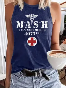 Vintage Mash 4077 Army Medical Corps Print Tank Top, Casual Round Neck Sleeveless Design Summer Vest, Women's Clothing S-Xxl, Womenswear