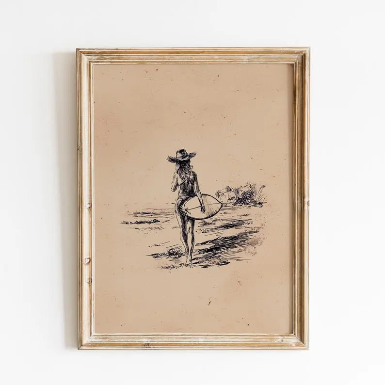 Vintage Cowgirl Surfer Sketch Print | Minimal Texas Surfer Hand Drawing | Retro Coastal Surf Art | Cowgirl Surf Sketch | Surf Coastal Art Poster No Frame