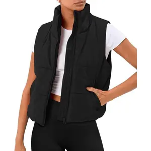 Puffer Vest Women Sleeveless Winter Cropped Outerwear Warm Puffy Lightweight Stand-up Collar Down with Pockets